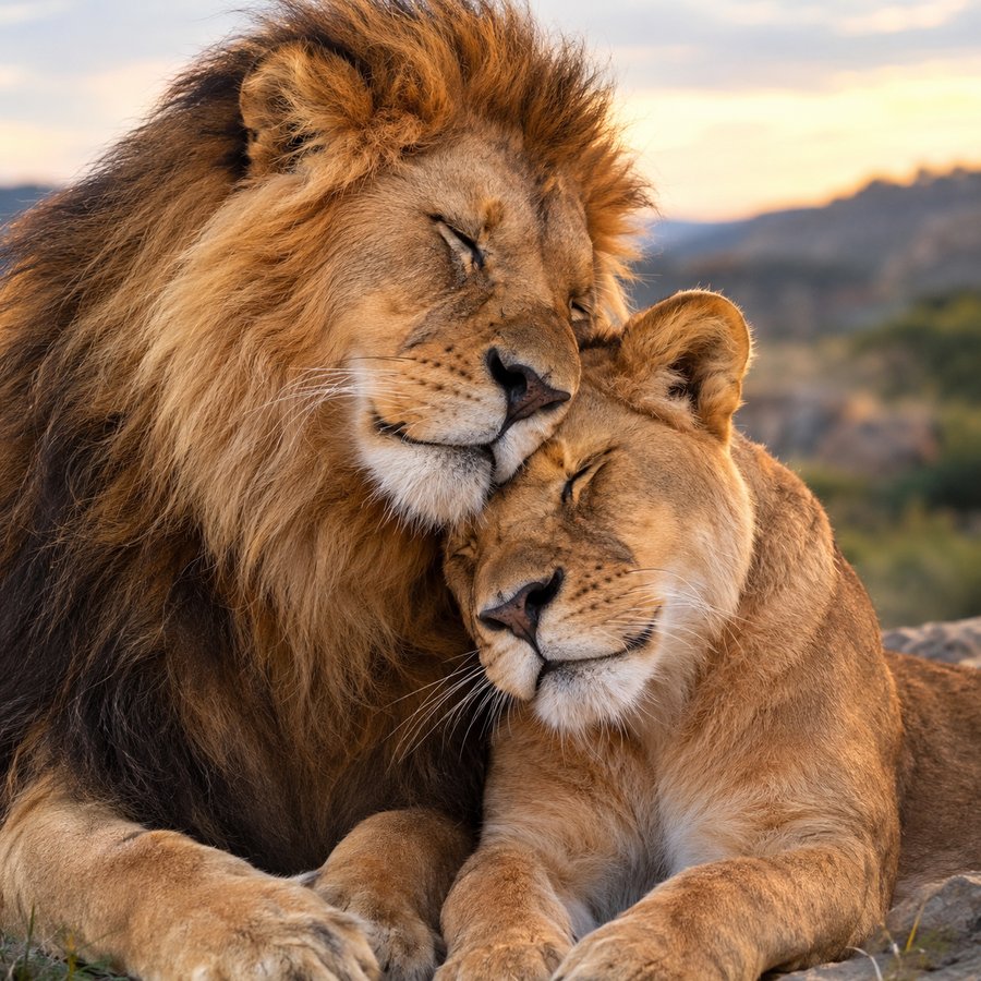 Un león y una leona abrazados al atardecer, con los ojos cerrados