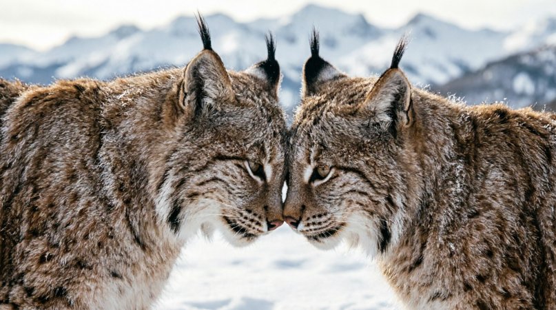 Dos linces juntan sus frentes con montañas nevadas al fondo