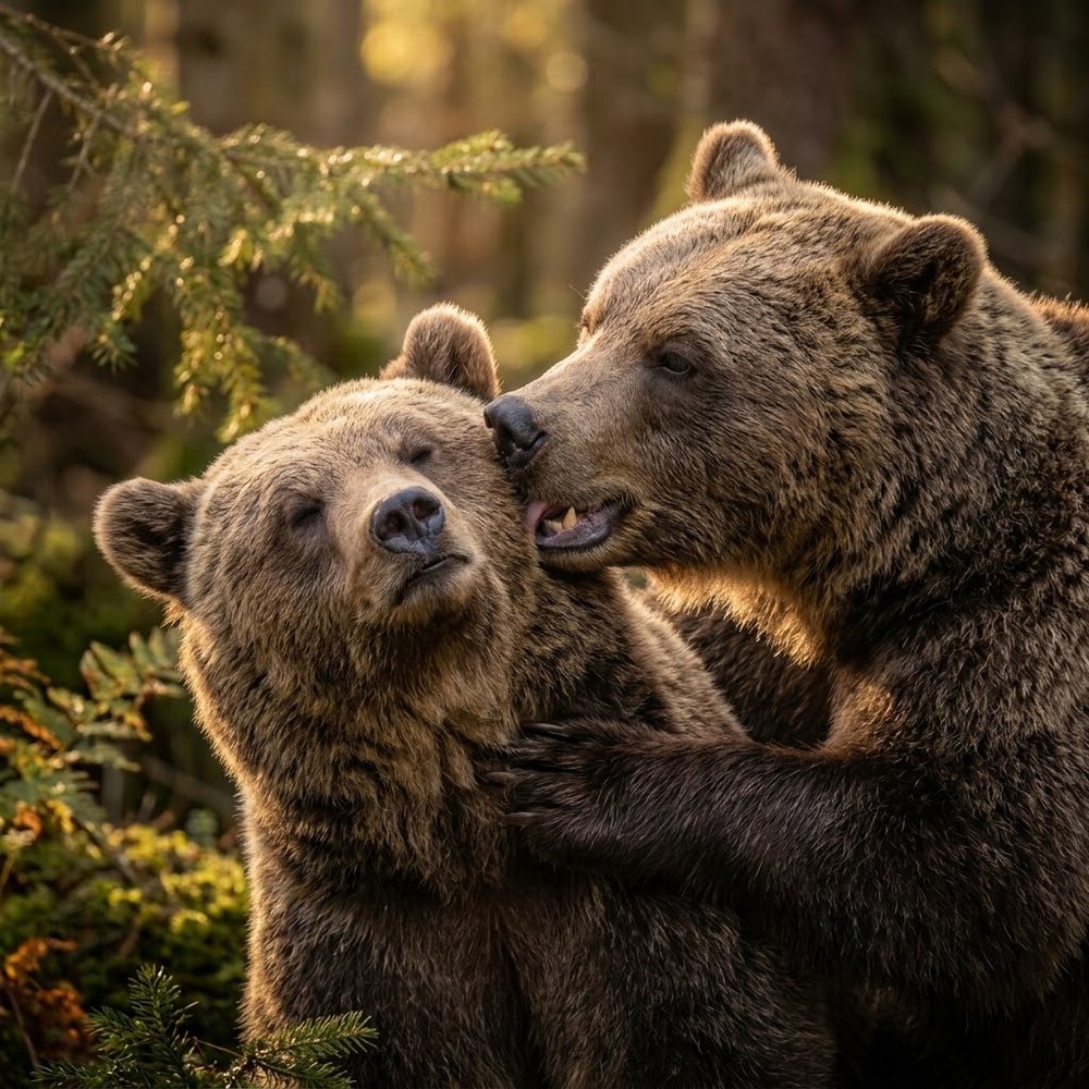 Dos osos pardos abrazados en el bosque