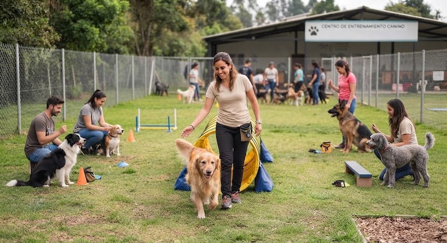 Varios adiestradores trabajando con sus perros en un centro de entrenamiento canino al aire libre
