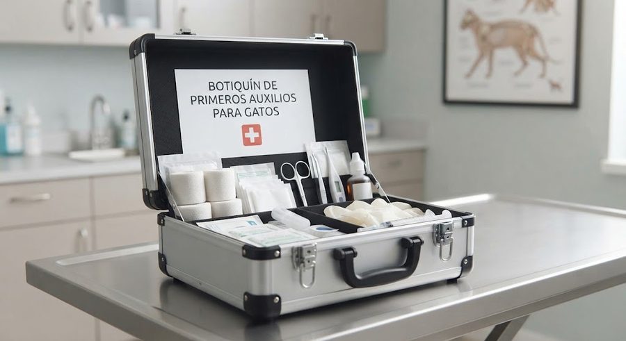 Maletín de primeros auxilios para gatos abierto, con vendas, gasas, tijeras y antiséptico