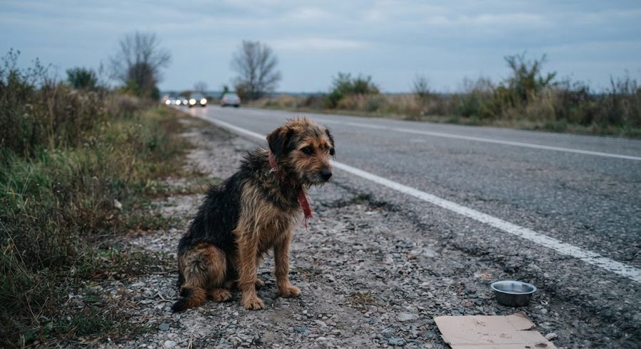 Perro abandonado y solo al borde de una carretera al atardecer, con coches pasando al fondo