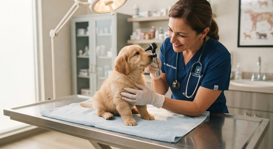 Veterinaria revisando el oído de un cachorro de Golden Retriever con un otoscopio