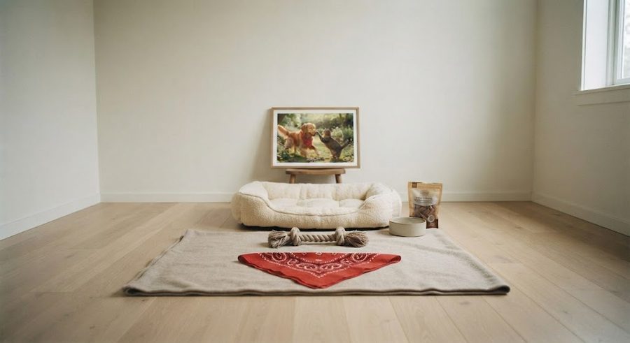 Habitación vacía con la cama, el comedero, un juguete y el pañuelo de una mascota, y una foto suya en la pared