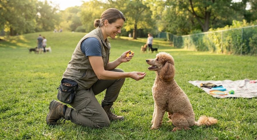Mujer entrenando a un caniche con premios de comida en un parque