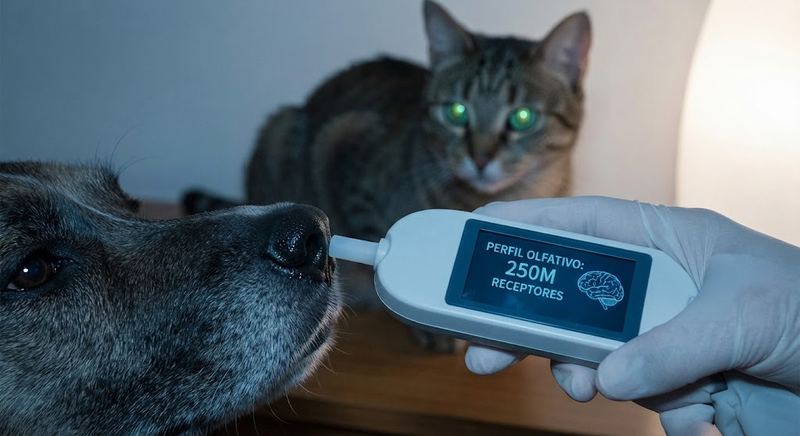 Perro y gato junto a un dispositivo de análisis de olor
