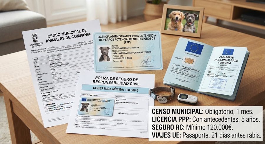 Documentos de una mascota: censo municipal, licencia PPP, seguro de responsabilidad civil y pasaporte europeo