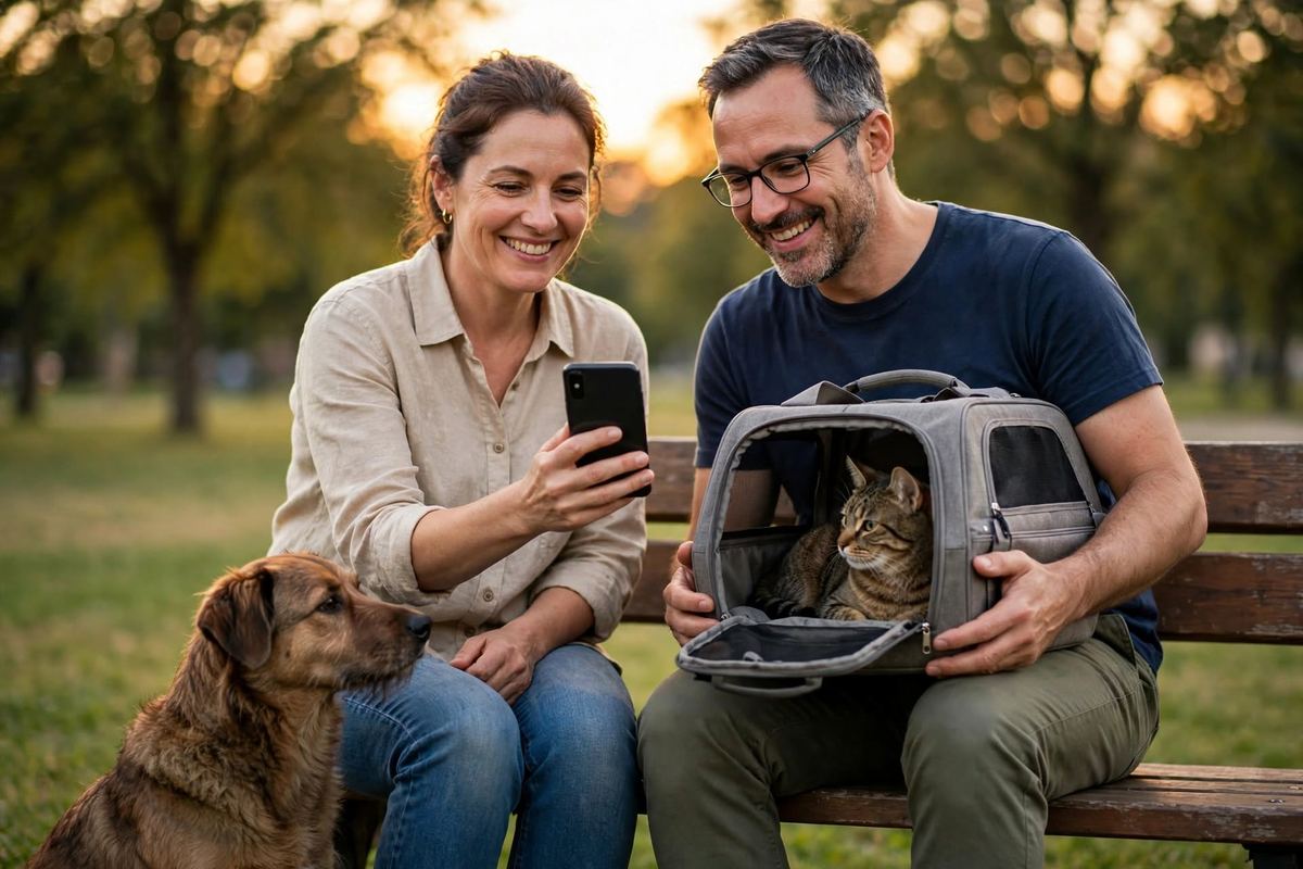 Dos amigos en un parque, con un perro y un gato, mirando juntos un móvil