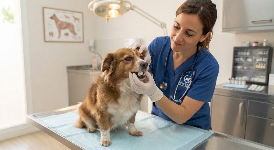 Veterinaria revisando la boca y los dientes de un perro durante una consulta