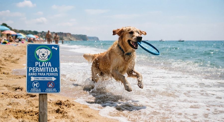 Cartel de playa canina habilitada, con icono de perro y normas de convivencia