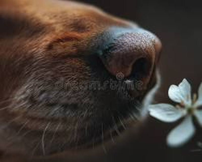 Nariz de un perro acercándose a una flor