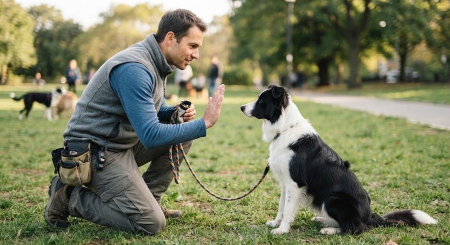 Hombre entrenando a un Border Collie en un parque, con la mano en alto en señal de 'quieto'