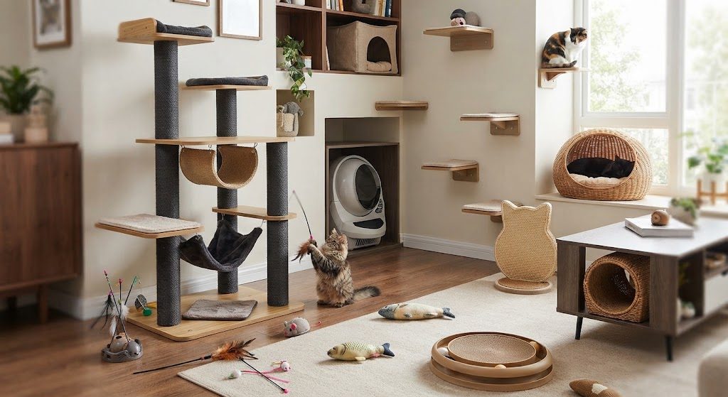 Salón preparado para gatos con torre rascador, repisas en la pared, cama de mimbre, arenero, rascador de cartón y juguetes de caña; un gato juega con una pluma