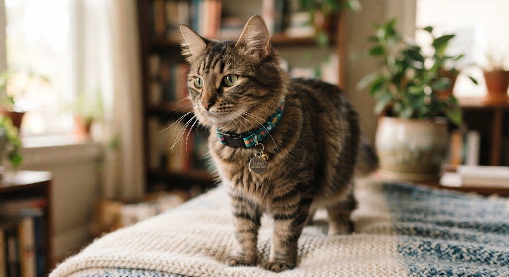 Gato atigrado de pie sobre una manta, con un collar estampado y una chapa con su nombre