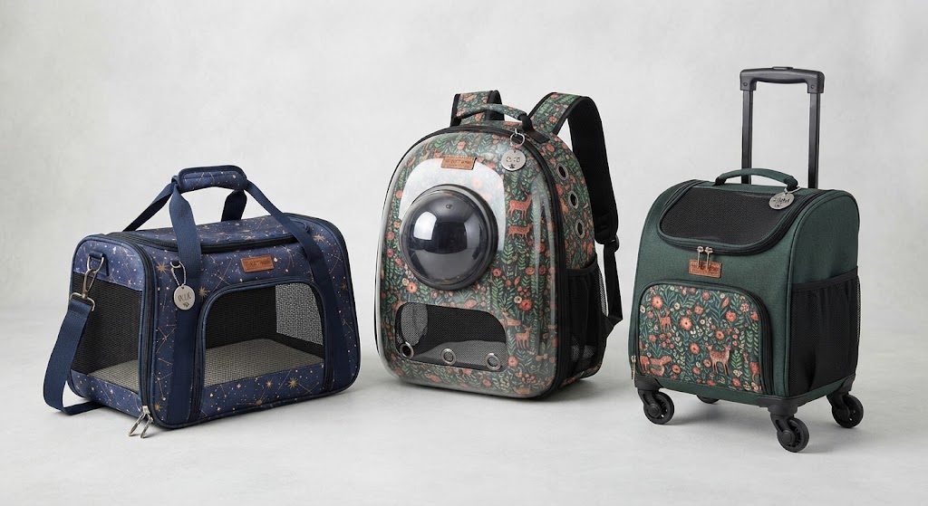 Un bolso de transporte de tela con rejilla, una mochila con ventana de burbuja y un carrito con ruedas para gatos