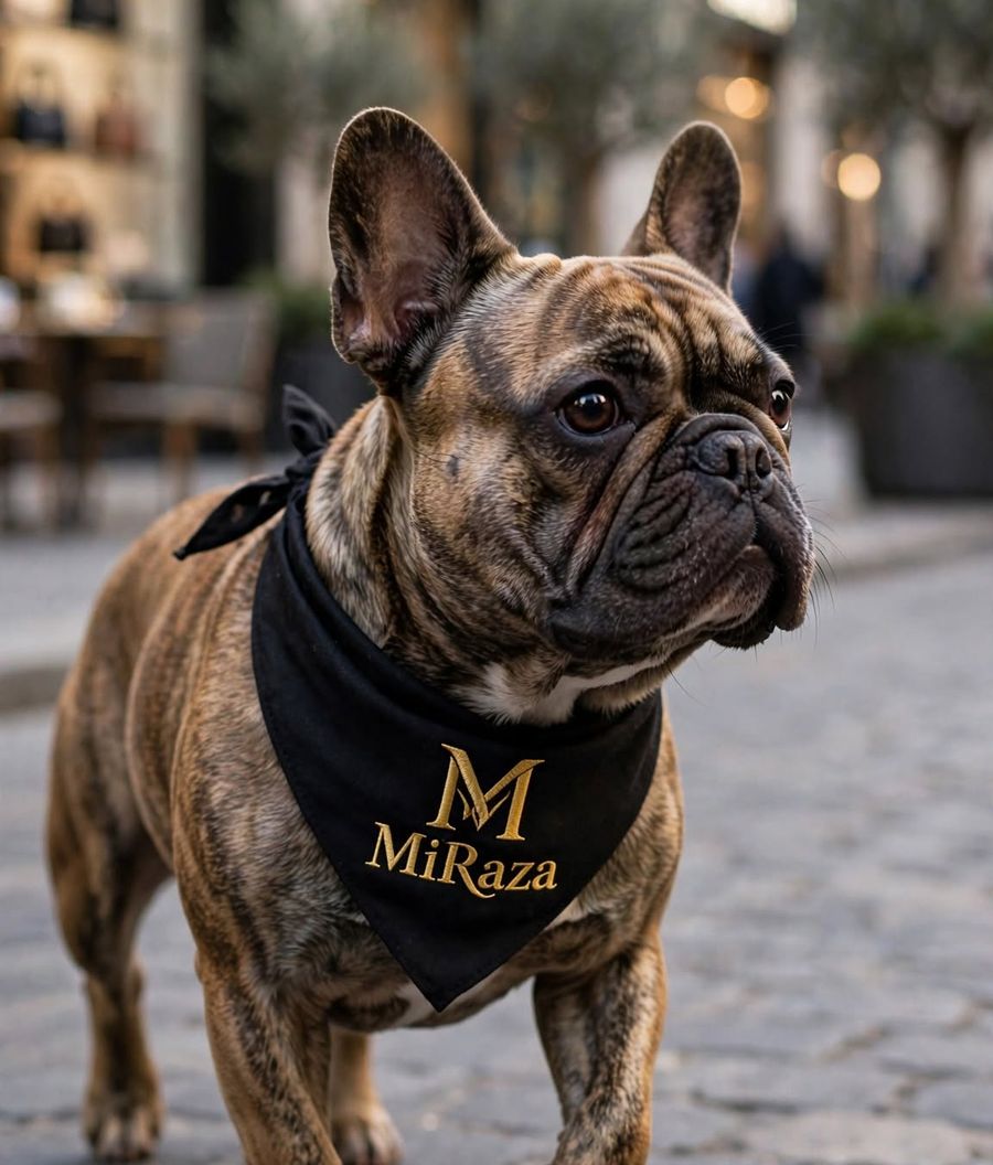 Bulldog francés atigrado paseando por una calle empedrada, con un pañuelo negro de MiRaza