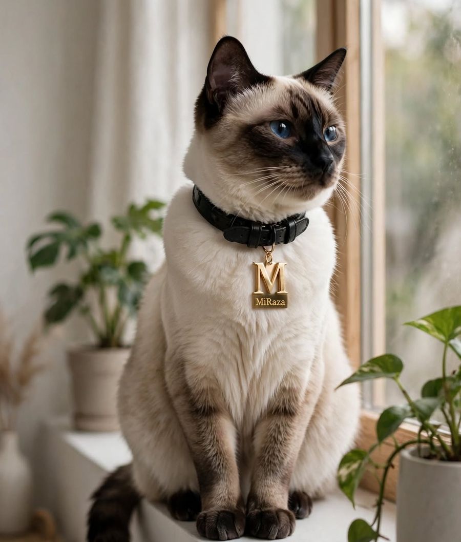 Gato siamés sentado junto a una ventana, con un collar negro y una chapa dorada con la M de MiRaza