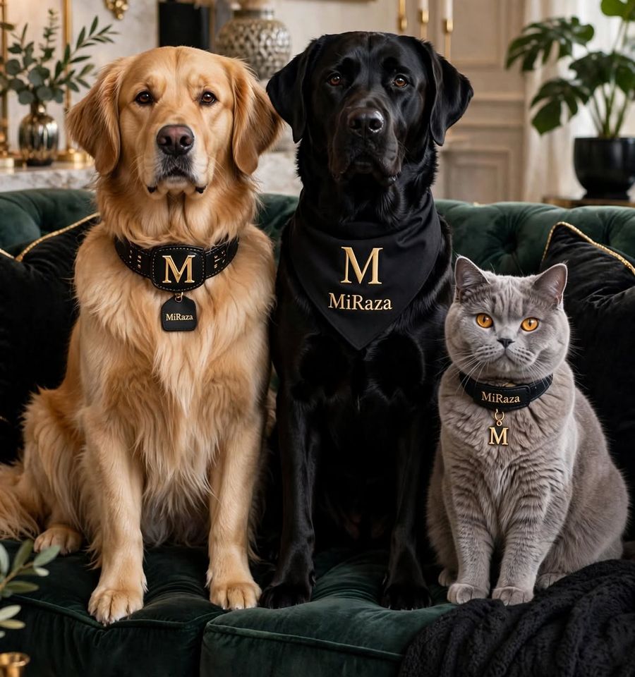 Un golden retriever, un labrador negro y un gato británico gris sentados juntos en un sofá verde, con collares y pañuelo de MiRaza